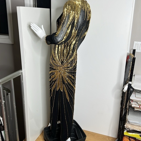 Nite Line Sz 10 Black Silk Gold Bugle Beaded Full Length Side Slit Dress Gown - Picture 2 of 16